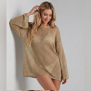 Drop Shoulder Loose Casual Sheer Beach Cover Up Brown